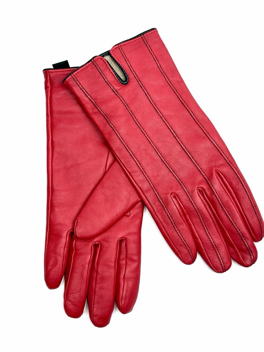 CAROLE LITTLE Red Leather Gloves Cashmere Lining Women's size 8